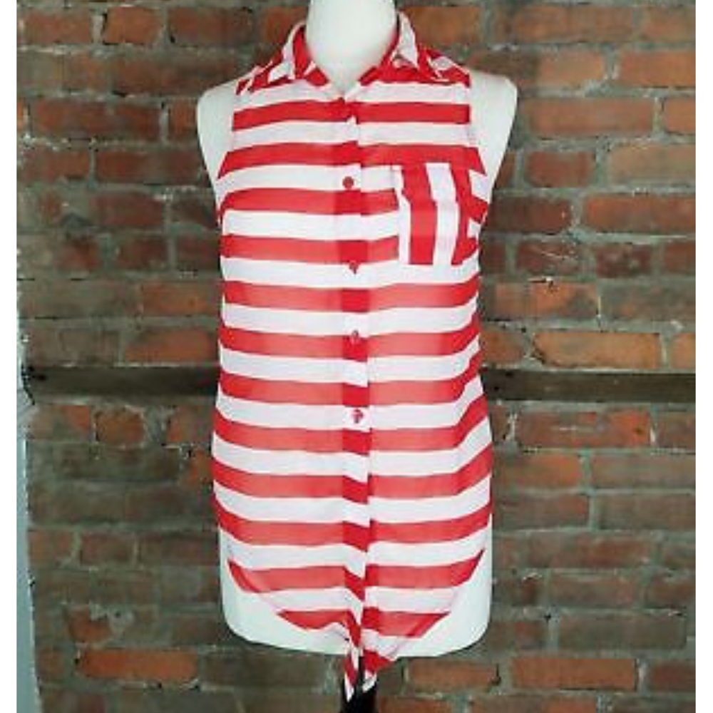 2/$16 Red and white striped sheer blouse